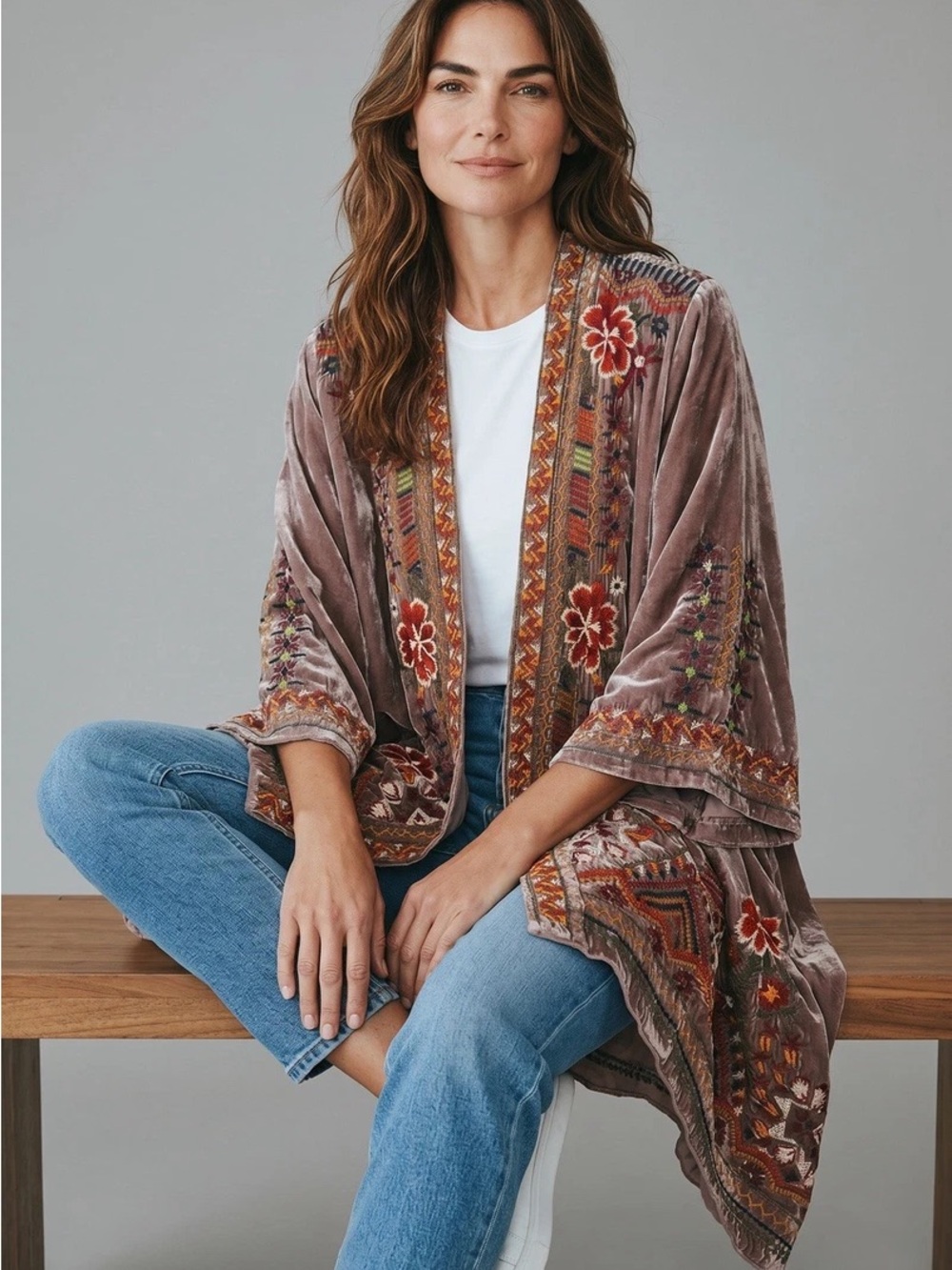 Johnny Was Mauve Velvet and Silk Walesca Draped Embroidered Cardigan